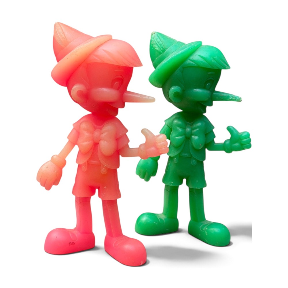 Marx 1971 Disney Pinocchio Figures Translucent Neon Pink Green 6" Pair Plastic